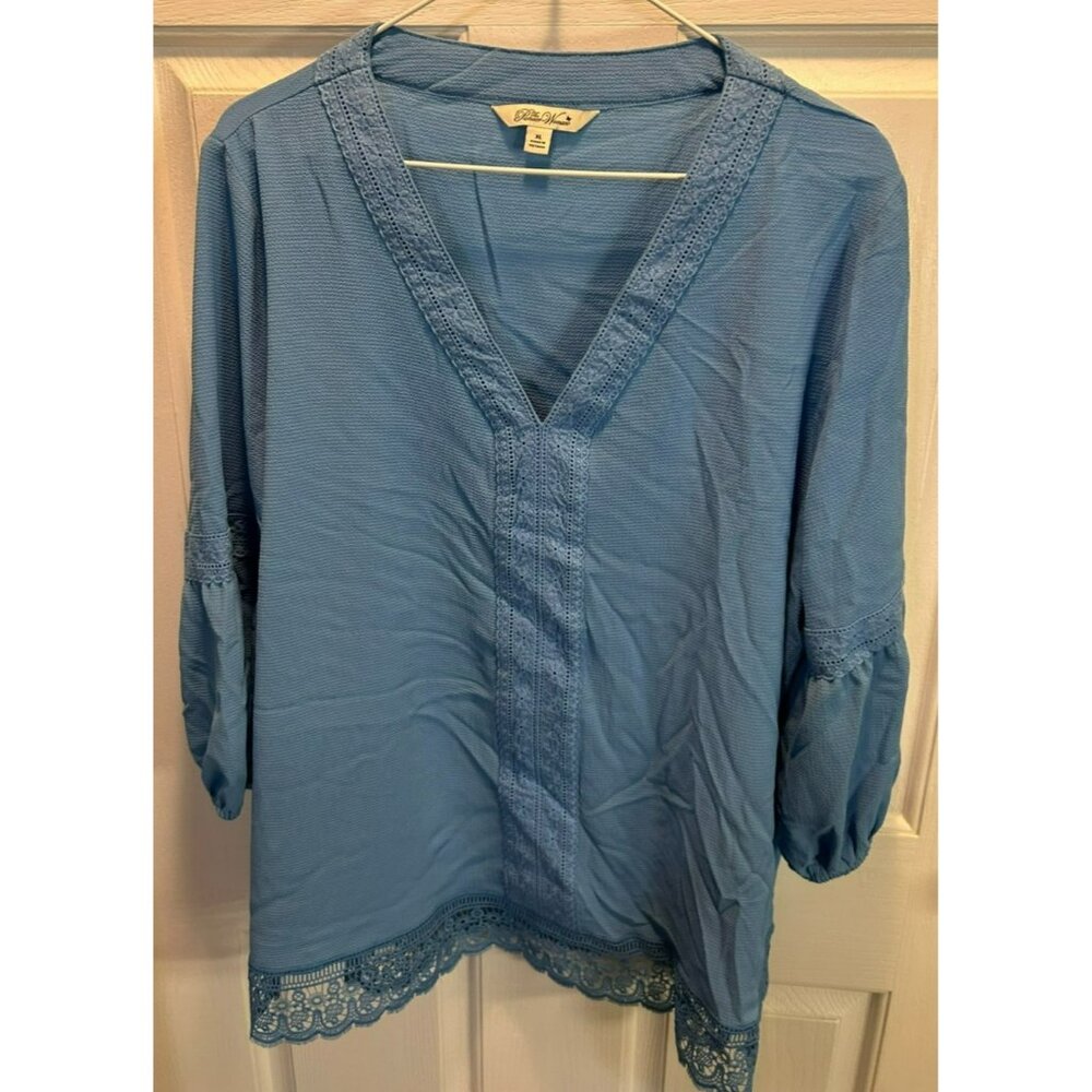 The Pioneer Woman 3/4 Sleeve Ruffle Floral Front Peasant Top Shirt XL Blue